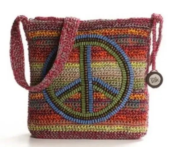 The Sak Beaded Hippie Peace Sign Crossbody Bag Purse Multicolor