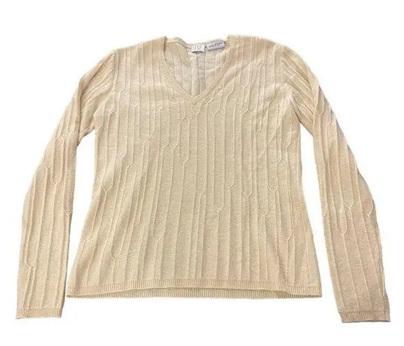 TSE Womens V-Neck Cable Knit Cashmere Sweater Size M Cream, Beige