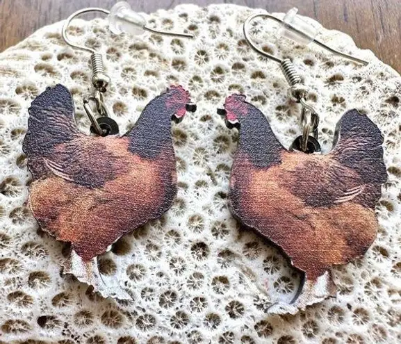 Rooster Earrings Chicken Farm Animal Eggs Pet New Hens Farmer Foul Chick Brown