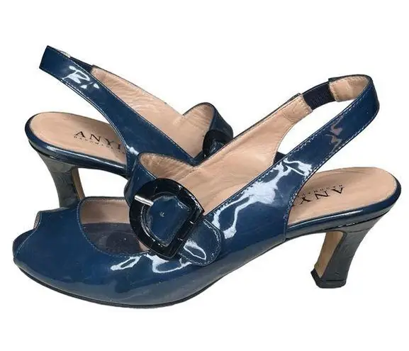 ANYI LU Tulip Slingback Shoes Blue Patent Leather Peep Toe Mary Jane EU Size 38