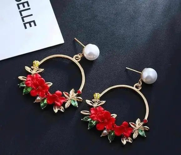 Women's Pearl Crystal Flower Dangle Drop Hoop Earrings Gold