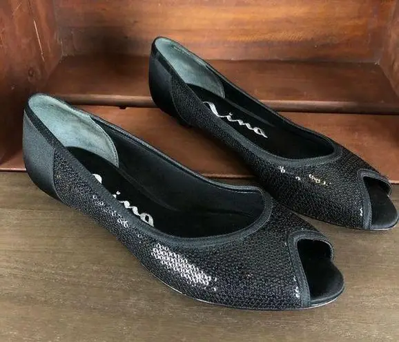 Nina Black Sequined Open Toe Kitten Heels