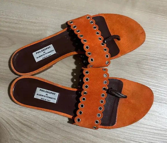 Philosophy di Alberta Ferretti 8 Orange Suede Leather Eyelet Thong Sandals 39