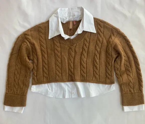 Pilcro Anthropologie Tan Cropped Cable-Knit Twofer Long Sleeve V-Neck Sweater