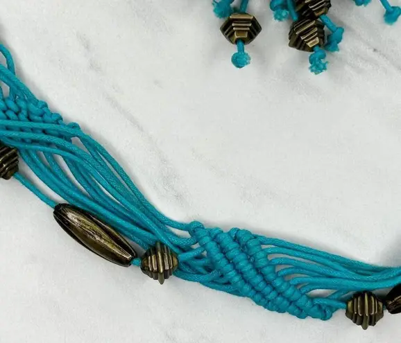 Gold Tone Boho Beaded Blue Rope Belt Y2K Festival Medium (M) ✨