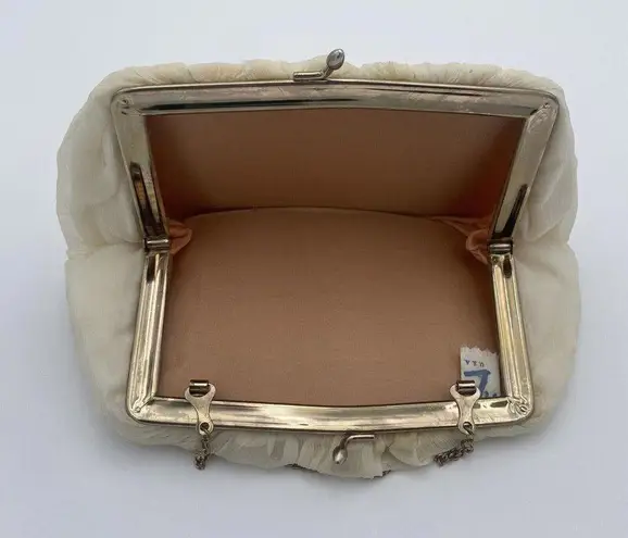 Vintage Cream Chiffon Fabric USA Clutch Evening Bag Gold Hardware Purse Orange