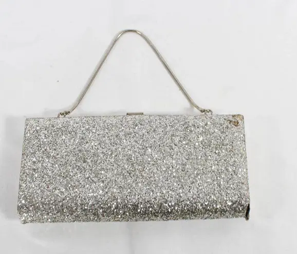 Vintage Late 90s/2000s Silver Glitter Sparkle Clutch Hard Shell Handbag