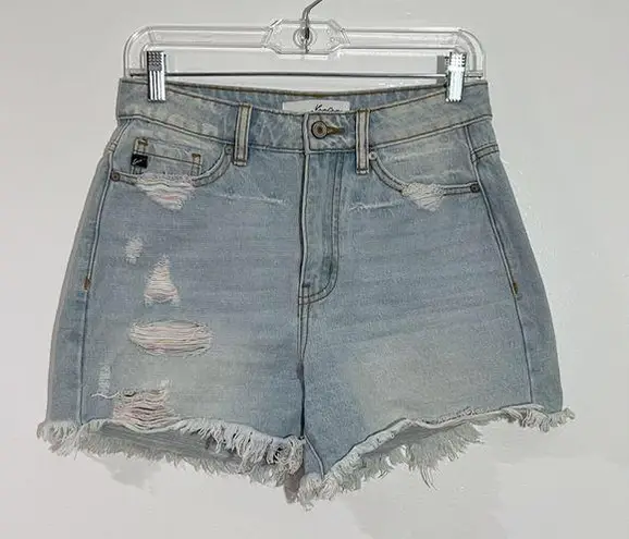 KanCan High Waist Distressed Cotton Candy Jean Shorts Fray Hem Color Thread Sz S Blue