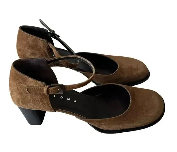 Paloma Round Square Suede Toe Chunky Heels Mary Jane Shoes feature leather 7.5 Brown