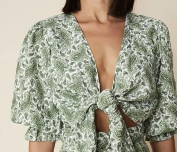Faithfull the Brand Jacinta Top Size XS Green Sable Paisley Cropped Tie Front