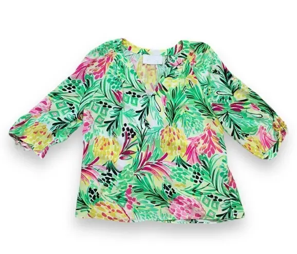 Pappagallo Eliza Blouse Green Multicolor Painted Pineapple Print Plunge Neck Top Size undefined
