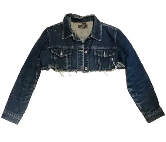 Ultra Short Cropped Raw Hem Denim Jacket Blue Size L