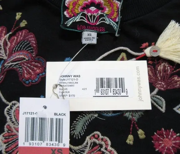 Johnny Was NWT Denali Raglan Sweatshirt Pullover in Black Embroidered Sweater XS