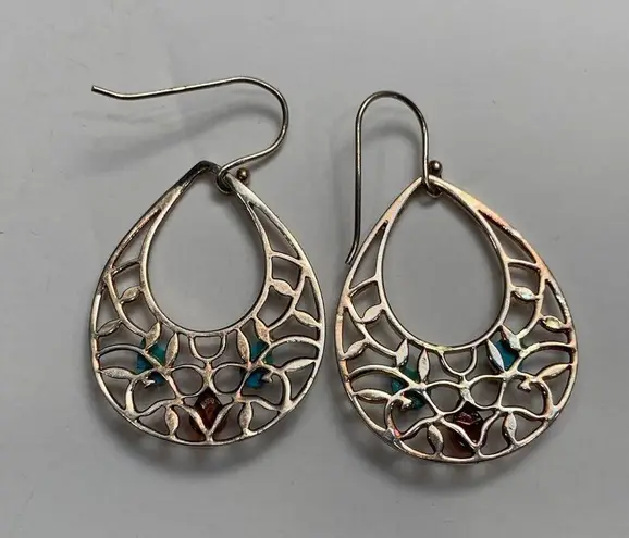Sterling Silver Shell Style Turquoise and Amber Drop Dangle Silver Earrings with Teardrop Stones