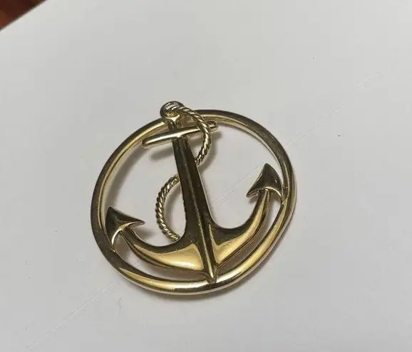 Signed Ship Rope Anchor Pin Brooch Gold Tone Nautical Sailor