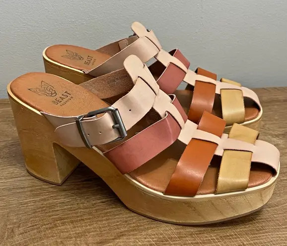 Beast Fashion Colorblock Platform clogs Leather Wood Heel Retro Size 10