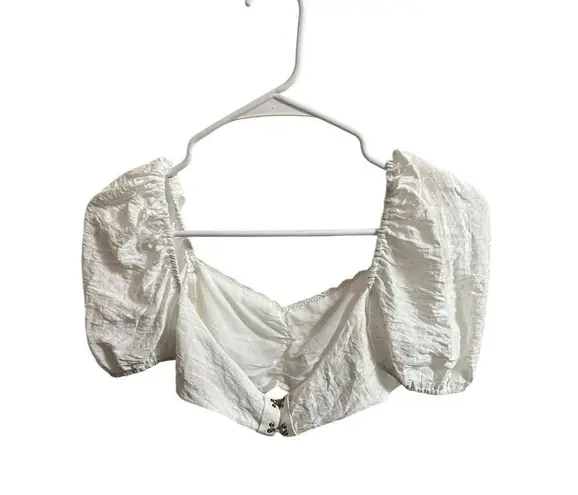 Edikted Crop Top Womens XS White Puffed Sleeve Crinkled Ruffled