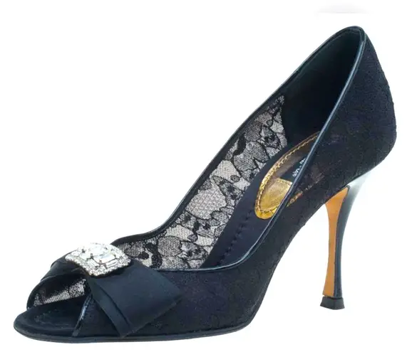 Dolce & Gabbana Black Lace Crystal Embellished Peep Toe Pumps Size 37