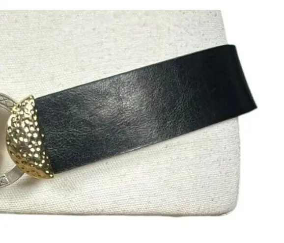 Chico's  Statement Belt Size SM Silver Gold Tone Buckle Black Leather Lined Boho