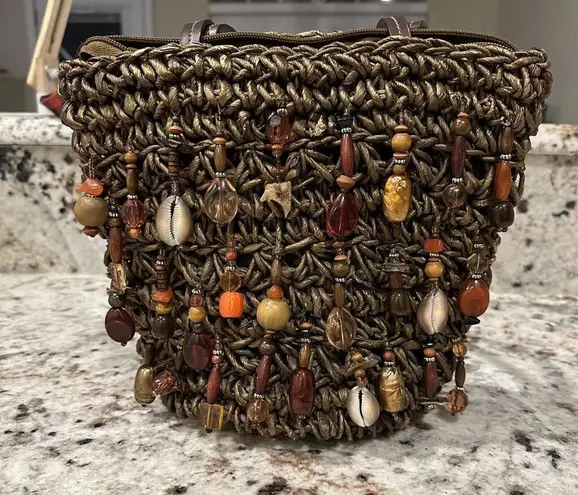 Cappelli Straworld Brown Straw Women’s Handbag Purse Bead & Seashell Dangles