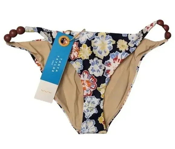 Tanya Taylor NWT  Tia Bikini Bottom Floral Dahlia Beaded Hips Swim L Navy Blue