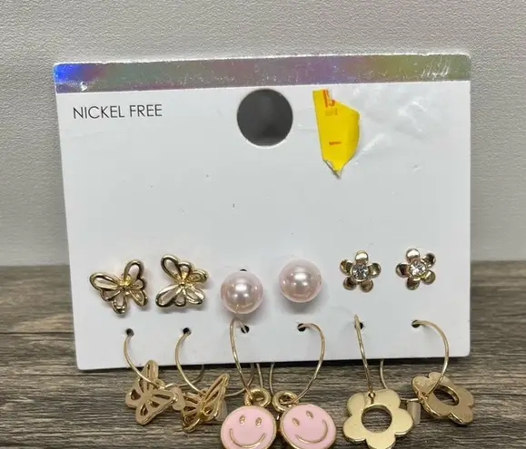 Gold Butterfly Flower Pearl Pink Smiley Hoop & Stud Earrings Set Gold