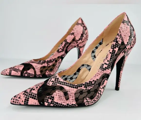 Gucci  Python Embossed Leather & Mesh GG Rhombus Pink  Heel Pumps Size EU 39.5