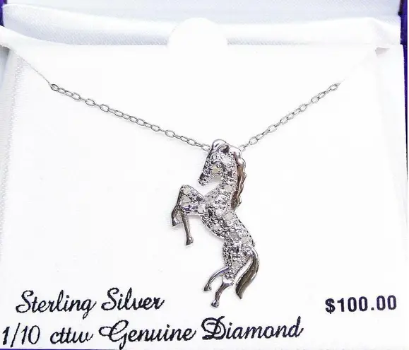 American Vintage NEW 1/10ct DIAMOND .925 Silver HORSE PENDANT NECKLACE 18" Sterling Silver Chain