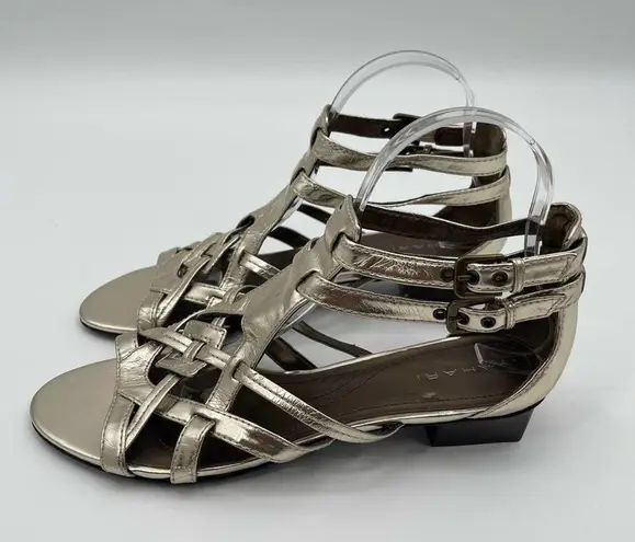 Tahari Sandals Gold Leather Shoes Strappy Flat Ankle Straps Summer Size 9.5