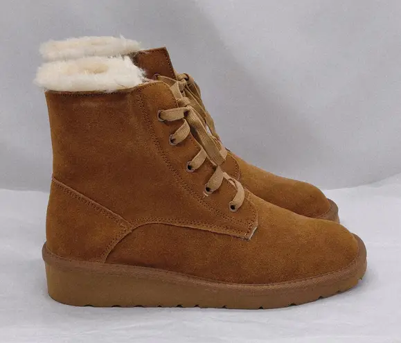 Style & Co Womens 9 Genuine Suede Leather Boots Brown Fur Lined Lace Up Cozy NIB