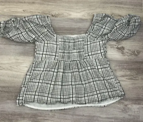 Free Assembly Black & White Plaid Elastic Off the Shoulder Flare Crop Top XS
