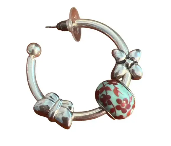 Silver Tone Hoop Earrings Add A Charm Floral Beads Butterfly Removable 1.25" Blue