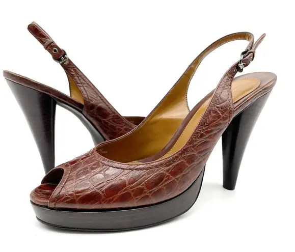 Linea Paolo Size 8 Slingback Croc Embossed Cognac Brown Stiletto Heel Peep Toe