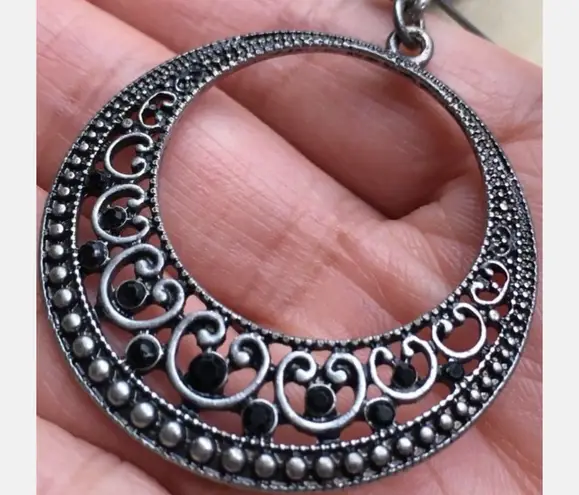 Awesome Hoop Dangle Pierced Earrings W Black Sparkly Rhinestones Silver