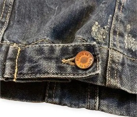 Route 66 DISTRESSED Jean Jacket Copper Logo Buttons Elbow Patch Medium Wash. SM