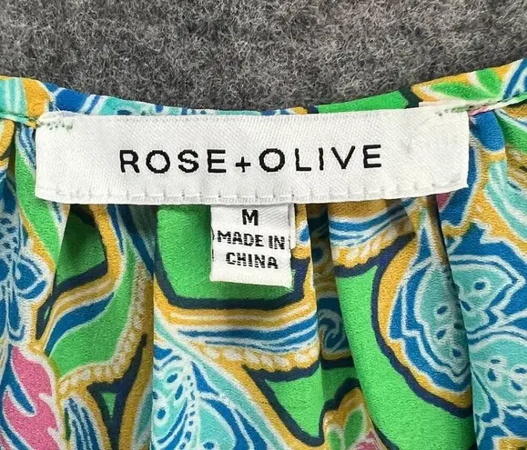 Rose + Olive Top Women M Green Blue Floral Sleeveless Flowy Colorful Summer Boho Size M