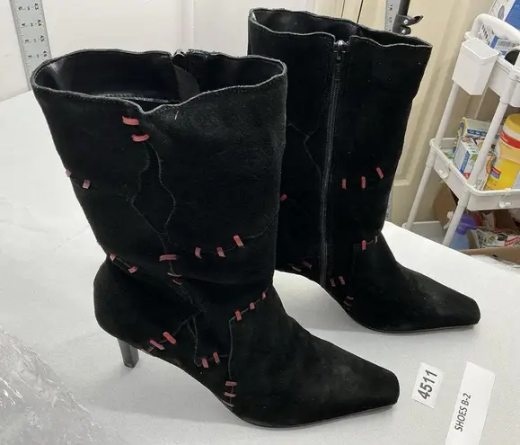 Womans Maraolo Month Mid Calf Boots 8.5 Black Red Pointed Toe Side Zip Stilettos