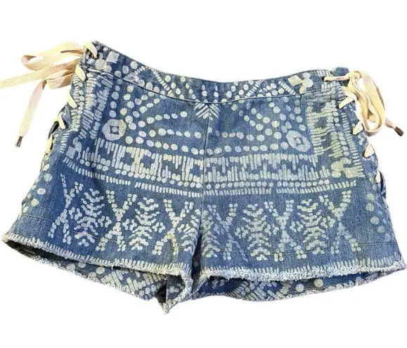 Sea New York Size S Lace Up Jean Shorts Acid Wash Denim Frayed Southwestern Boho Blue