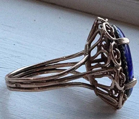 14k Gold Victorian Cobalt Blue Enamel Glass Floral Women’s Antique Ring Black