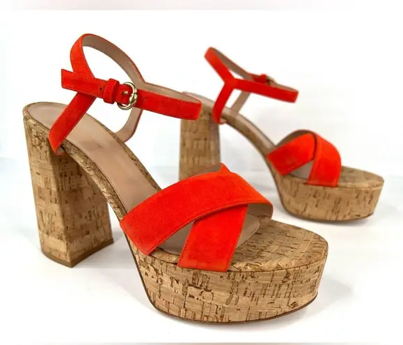 Gianvito Rossi Orange Suede & Cork Platform Ankle Strap Heel Sandals Size EU 42