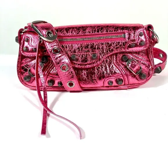 Balenciaga XSmall Le Cagole Metallic Leather Shoulder Bag Pink NEW