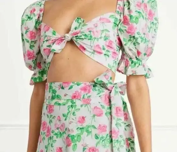 Hill House Womens The Isabella Top Crop Smocked Puff Sleeve Pink Roses White M