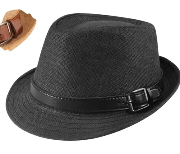 Boutique Ultrafun Straw Fedora Hat Classic Manhattan Dark Gray Black Belt Buckle Band Uni