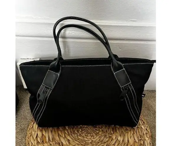 Tommy Hilfiger Vintage  Black Wide Canvas Zippered Tote Top Handle 16x8x4" thumbnail 1