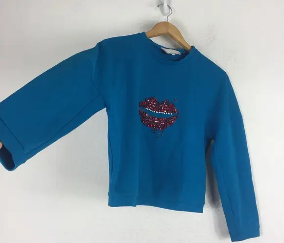 3.1 Phillip Lim Blue Rhinestone Crystal Lip Embellished Crop Sweatshirt Large