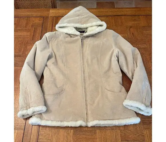 STATIC SHERPA LINED SUEDE ZIP UP HOODED JACKET Tan Size M