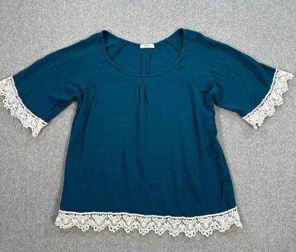 Kori America Crochet Trim Blouse Women's Small Teal Blue 3/4 Sleeve