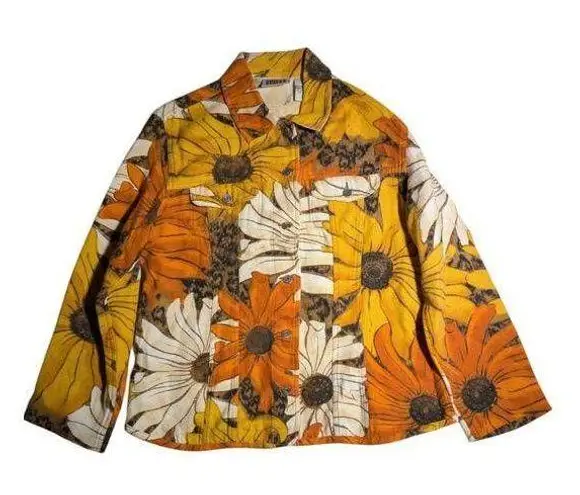 Vtg 1990s Chico's Yellow Orange Textured Cotton Sunflower Print Shirt Jacket 1 S