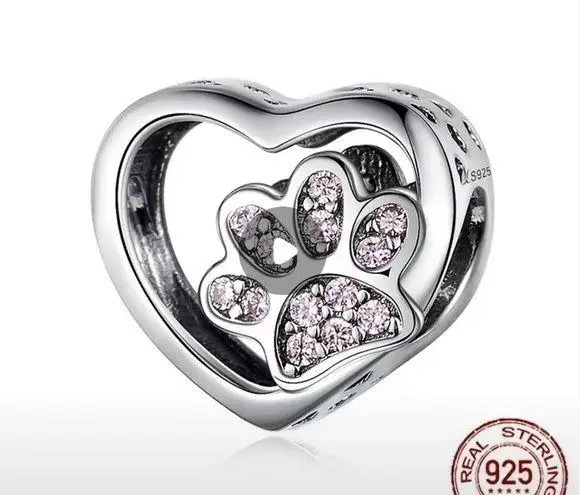 925 Sterling Silver Heart Pet Paw Pendant For Bracelet Beaded Necklace