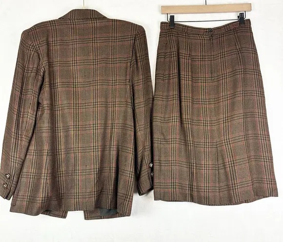 Vintage Houndstooth Plaid Blazer Skirt Suit Size 6 Two Piece Old Money Preppy Brown